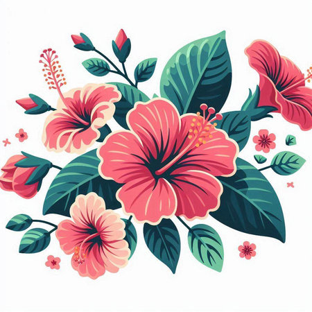 Hibiscus flowers with leaves and flowers. Vector illustration.のイラスト素材