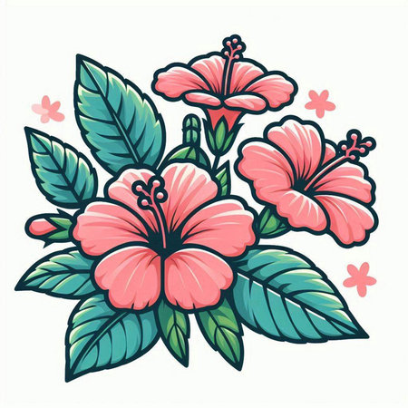 Hibiscus flowers with leaves and flowers. Vector illustration.のイラスト素材