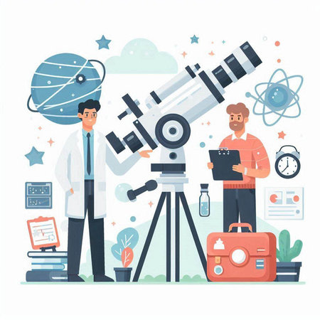 Scientist working with microscope. Science and education concept. Vector illustrationのイラスト素材