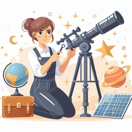 Vector illustration of a woman with telescope and solar panels. Cartoon style.のイラスト素材