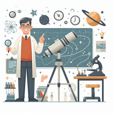 Scientist man with telescope in science laboratory. Vector illustration in flat styleのイラスト素材