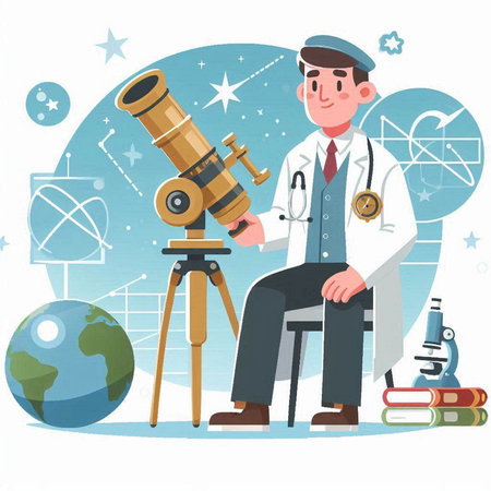 Scientist looking through a telescope. Vector illustration in flat style.のイラスト素材