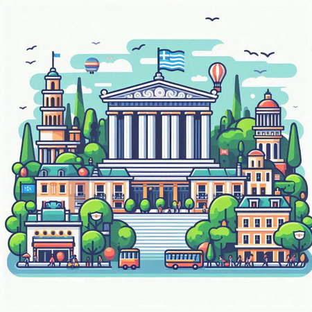 Cityscape with famous buildings and monuments. Vector illustration in flat styleのイラスト素材