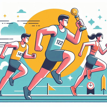 Vector illustration of a man running on the finish line with a trophy in his handのイラスト素材