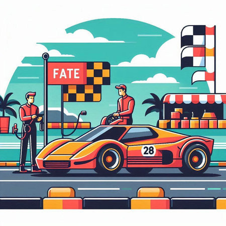 Flat vector illustration of a man charging a car at the gas stationのイラスト素材