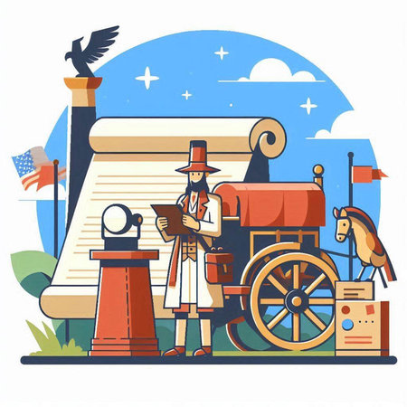 Cartoon style illustration of a horse carriage on the background of the American flagのイラスト素材