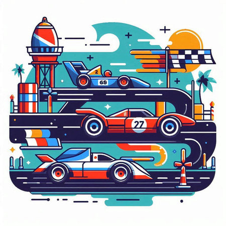 Vintage car racing on the road. Vector illustration in flat styleのイラスト素材