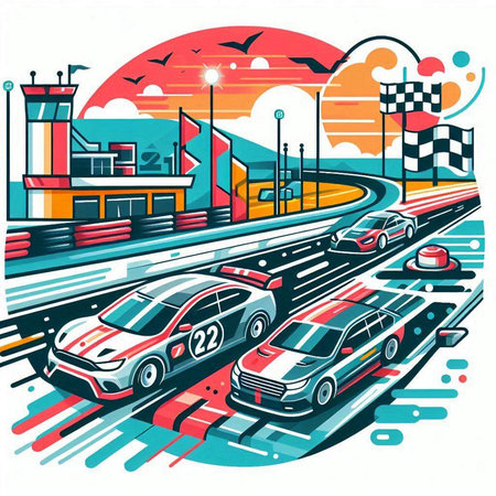 City road with cars on the highway. Vector illustration in retro styleのイラスト素材