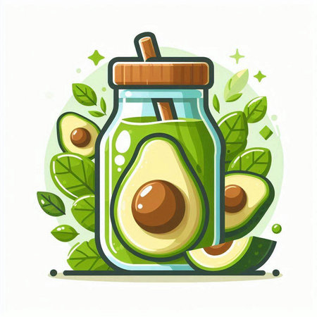 Avocado smoothie in glass jar with green leaves. Vector illustration.のイラスト素材
