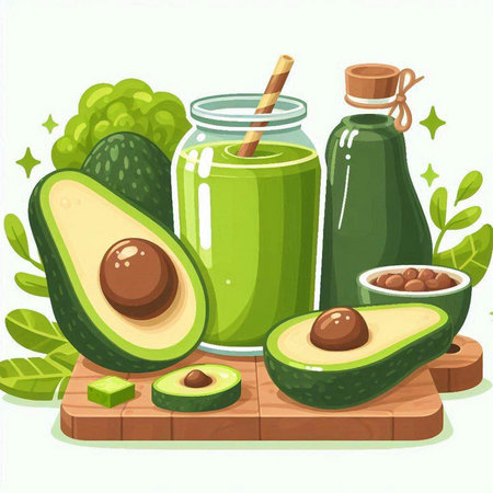 Avocado smoothie in glass jar and ingredients on wooden cutting board vector illustrationのイラスト素材