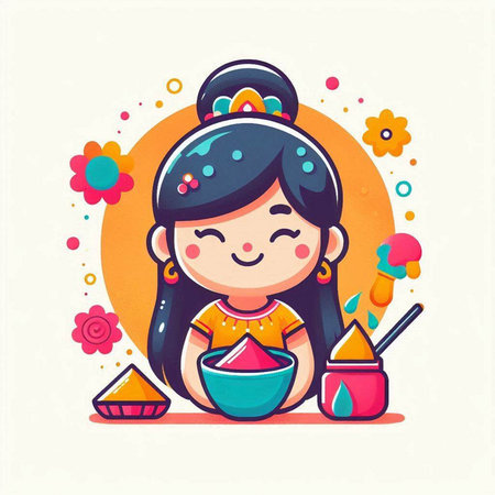 Illustration of a cute cartoon girl playing with a bowl of riceのイラスト素材