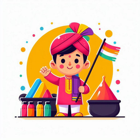 Indian Festival of Color Happy Holi greeting card. Cute cartoon indian boy in traditional clothes with ladle. Vector illustrationのイラスト素材