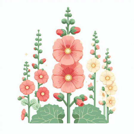 Hollyhock flowers on white background. Vector illustration for your designのイラスト素材