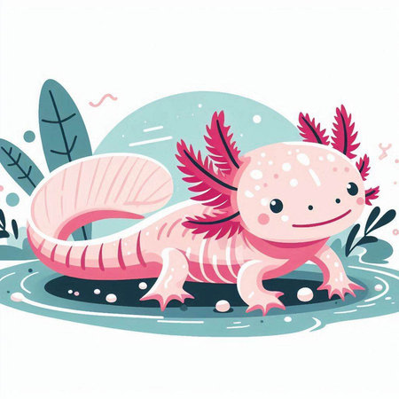 Cute pink lizard in the pond. Vector illustration in cartoon style.のイラスト素材
