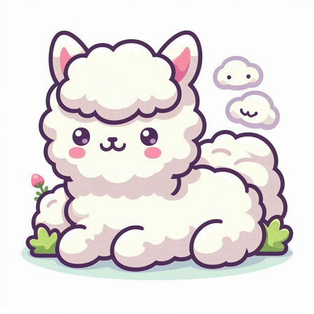 Cute cartoon alpaca sitting on the grass. Vector illustration.のイラスト素材