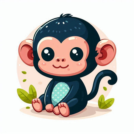 Cute cartoon monkey sitting on the green leaves. Vector illustration.のイラスト素材