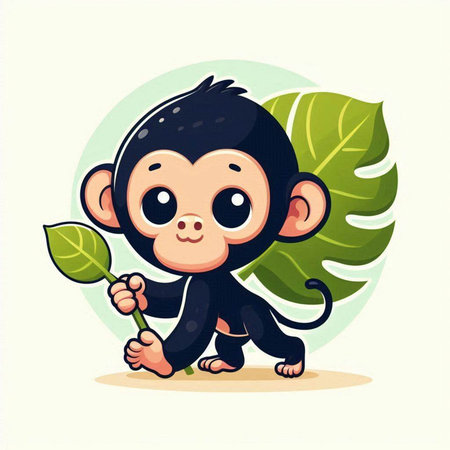 Cute monkey with a leaf in his hand. Vector illustration.のイラスト素材