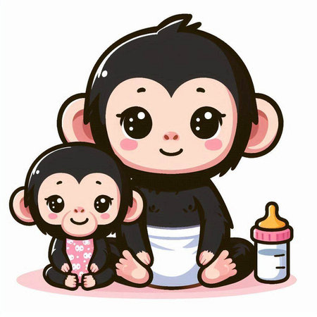 Cute baby monkey with his mother and bottle. Vector illustration.のイラスト素材