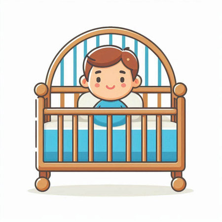 Illustration of a little boy sleeping in a crib. Vector illustration.のイラスト素材