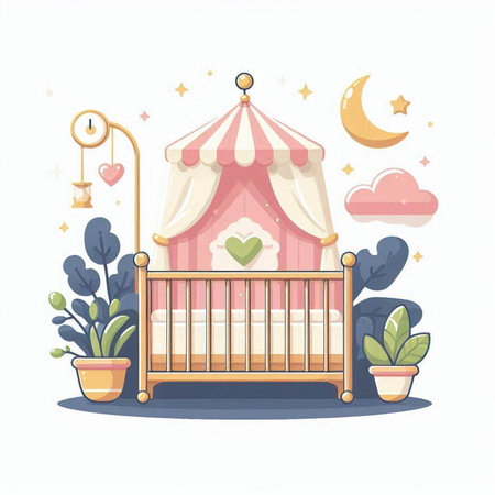 Cute cartoon vector illustration of a baby room with a cot and a tentのイラスト素材