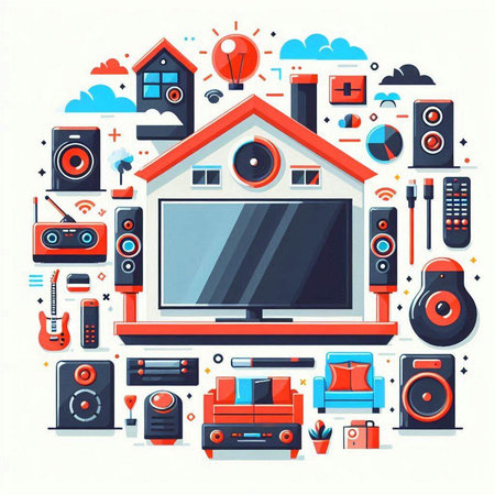 Home music and entertainment icon set in flat style. Vector illustration.のイラスト素材