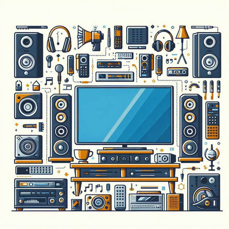 Vector illustration of a big set of home electronics and household appliances.のイラスト素材