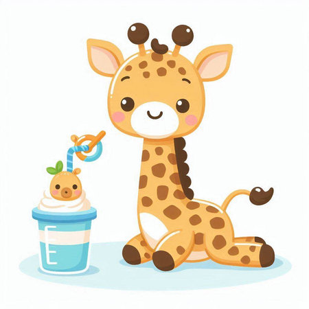 Cute cartoon giraffe with milkshake. Vector illustration.のイラスト素材