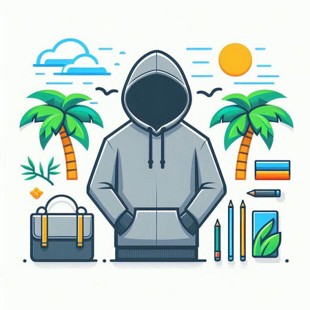 Hooded male student with backpack, notebook, pen, pencil case and palm trees on white background. Vector illustration.のイラスト素材