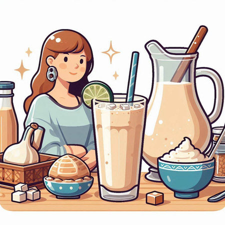 Illustration of a Girl Drinking a Smoothie with Whipped Creamのイラスト素材