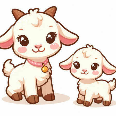 Cute cartoon goat and lamb on white background. Vector illustration.のイラスト素材
