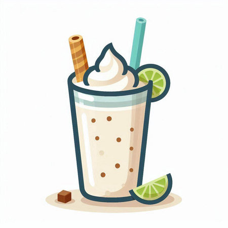Milkshake with whipped cream, lime and straws. Vector illustration.のイラスト素材