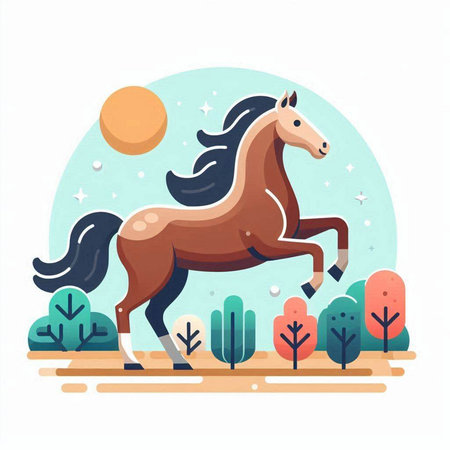 Horse running in the park. Vector illustration in flat style.のイラスト素材