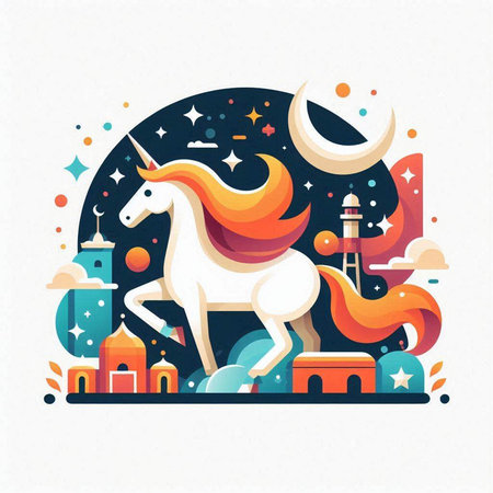 Cute unicorn on the background of the night city. Vector illustrationのイラスト素材