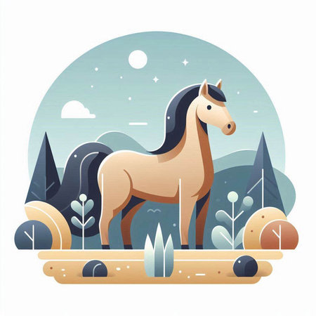 Horse in the forest. Vector illustration in a flat style.のイラスト素材