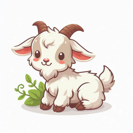 Cute baby goat with green leaves on white background. Vector illustration.のイラスト素材