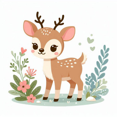 Cute cartoon deer with flowers, leaves and hearts. Vector illustration.のイラスト素材