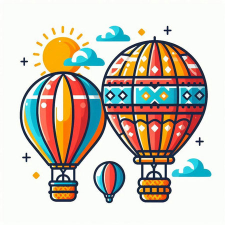 Colorful hot air balloons with sun and clouds. Vector illustration.のイラスト素材