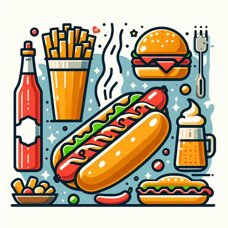 Fast food icons set. Hot dog, french fries, hamburger, soda drink and other fast food. Vector illustration.のイラスト素材