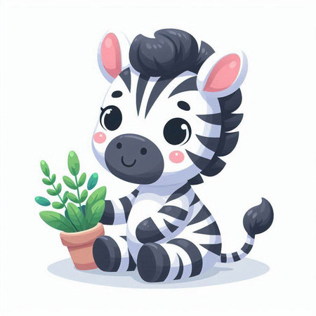 Cute cartoon zebra with flower in pot. Vector illustration.のイラスト素材