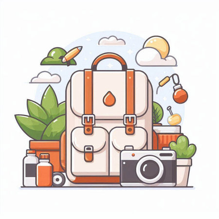 Travel set with backpack, camera and other items. Vector illustration.のイラスト素材