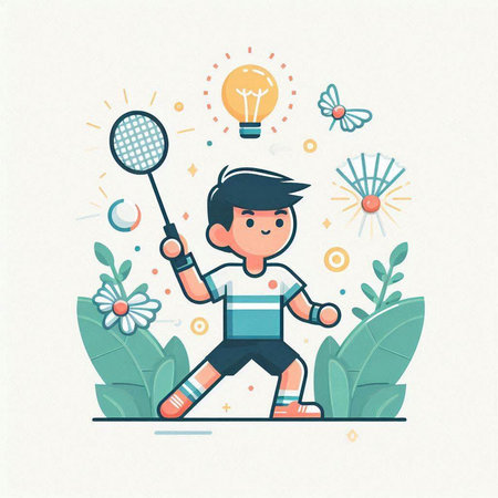 Cartoon boy playing badminton with lightbulb and flowersのイラスト素材