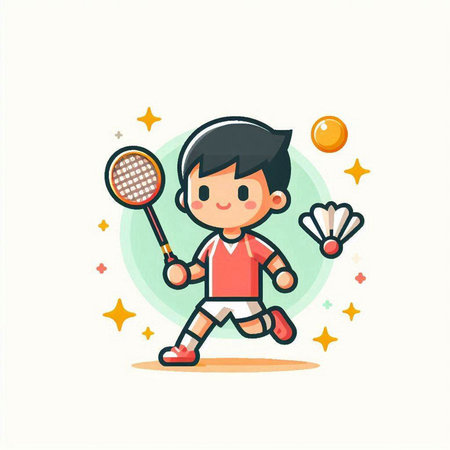 Cute boy playing badminton. Vector illustration in cartoon style.のイラスト素材