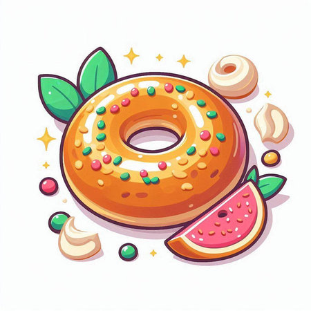 Donut with colorful glaze and candies. Vector illustration.のイラスト素材