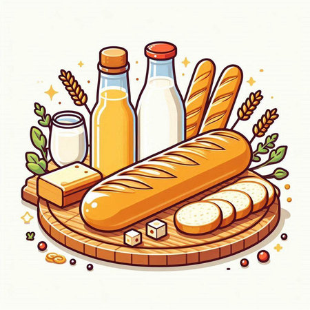 Bread and dairy products on a wooden board. Vector illustration.のイラスト素材