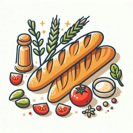 Baguette with tomatoes, spices and herbs. Vector illustration.のイラスト素材