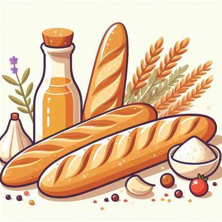 Illustration of a loaf of bread and ingredients on a white backgroundのイラスト素材