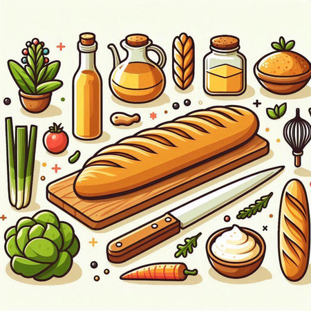 Bread and kitchen utensils. Vector illustration in cartoon styleのイラスト素材