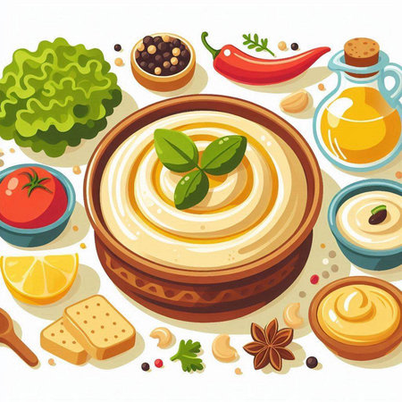 Vector illustration of hummus in bowl with ingredients on white background.のイラスト素材