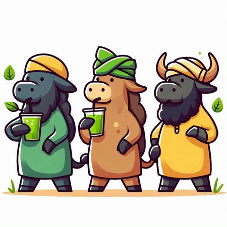 Illustration of Cute Bull and Cow Characters Drinking Green Juice.のイラスト素材