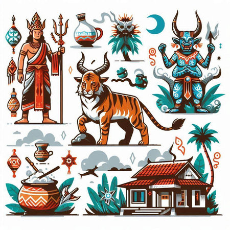 Set of indian gods and symbols. Vector illustration in retro style.のイラスト素材
